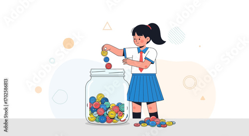 Young Student Collects Colorful Buttons in a Glass Jar, Illustrating Savings and Accumulation