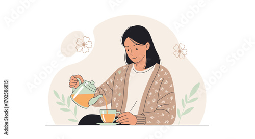 Woman Pouring Tea Into a Cup, Serene Moment Depicted Through Illustration Style Artwork