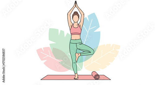 Woman Practices Yoga Tree Pose While Balancing On One Foot At The Studio