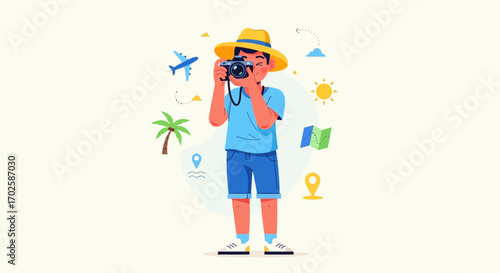 Young Traveler Captures Memories With Camera, Discovering Holiday Locations, A Happy Journey