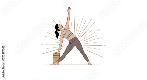 Woman Practicing Yoga with a Wood Block and Rays of Light, Healthy Lifestyle