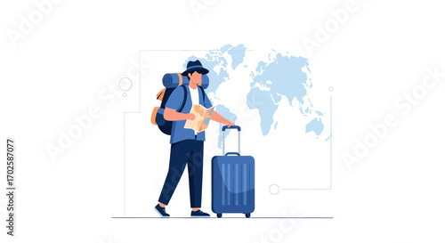 Young traveler planning his trip with suitcase and map looking at a world map