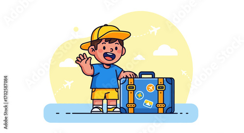 Young Traveler Ready To Explore The World With A Cheerful Wave And Luggage
