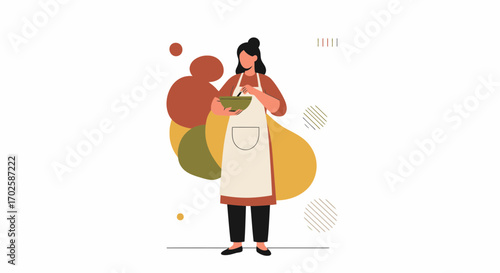 Woman Preparing Food with Cooking Utensils and a Fresh Appetite in Minimalistic Style