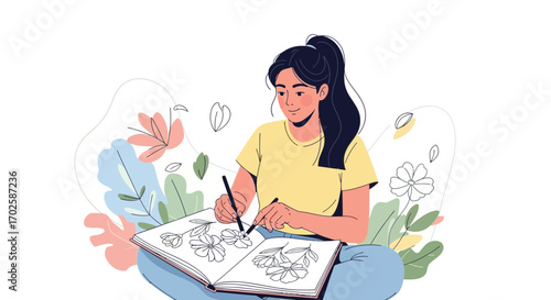 Young woman drawing flowers with pens in a book in her lap while sitting down