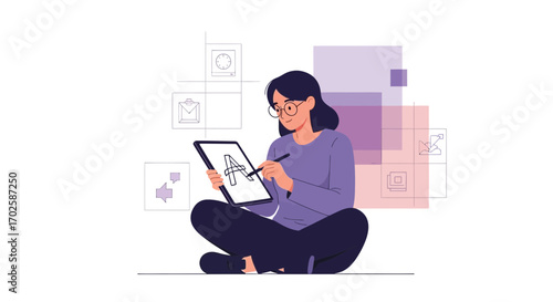 Young Woman Drawing on Tablet, Modern Digital Art Creation and Creative Process Depiction