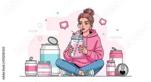 Young woman drinking a beverage surrounded by soda cans and social media elements
