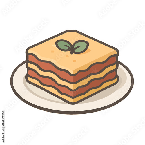 Layered lasagna served on a plate garnished with green herb  