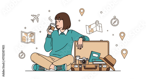 Young woman enjoying coffee before traveling with suitcase, map, and other travel items