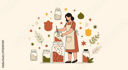 Woman Preserving Homemade Food with Colorful Illustration and Decorative Elements