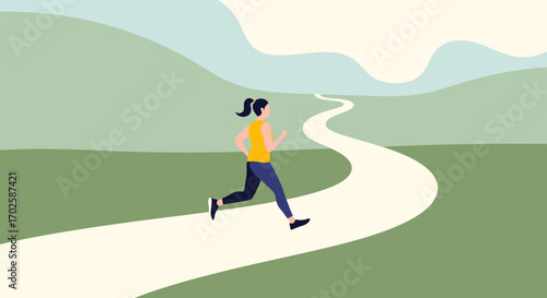 Woman Pursuing Fitness Along Winding Path Through the Vibrant Green Landscape