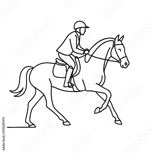 Equestrian rider on horse in motion in minimalist line art  