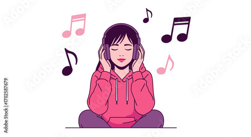 Young Woman Enjoys Harmony Listening Melodies, Symbolized with Musical Notes