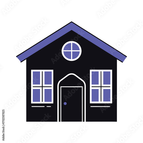 Vector art of simple dark house icon with purple windows and roof