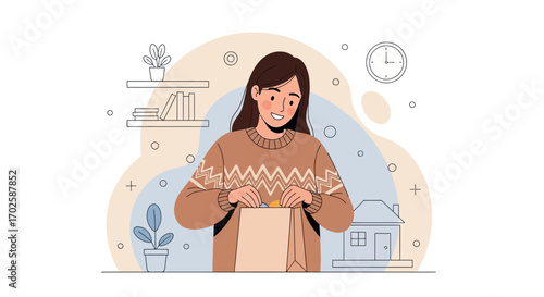 Young Woman Examining Contents of Bag at Home, Smiling, Time on Clock Depicted