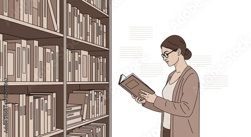 Woman Reading A Book Next To Bookshelves With A Minimalist Aesthetic Design