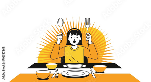 Young Woman Excitedly Prepared to Eat with Spoon and Fork on a Table