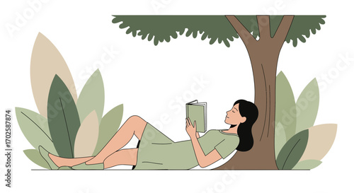 Woman Reading A Book Outdoors: Enjoying Leisure Time Under A Shady Tree