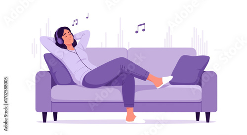 Woman Relaxing And Listening To Music On A Comfortable Couch In A Peaceful Setting