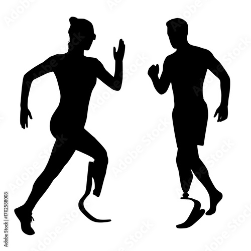Dynamic athletes with prosthetic legs race forward, showcasing strength, determination, and the spirit of achievement.