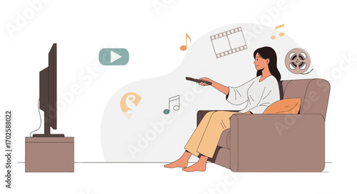 Woman Relaxing And Watching Television, Enjoying Entertainment In Her Living Room At Home