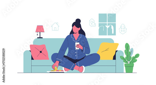 Woman Relaxing At Home, Enjoying Snacks While Wearing Pyjamas On The Sofa
