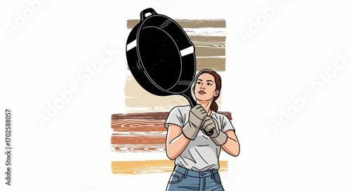 Young Woman Holding Up Large Cast Iron Frying Pan, Kitchen Cooking, Preparation Illustrated