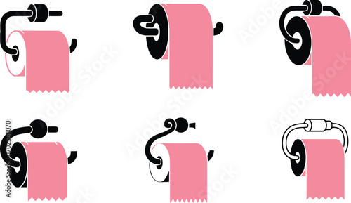  a set of six toilet paper roll designs, each showcasing a unique holder style and a roll of pink paper, offering a playful and decorative take on a common household item