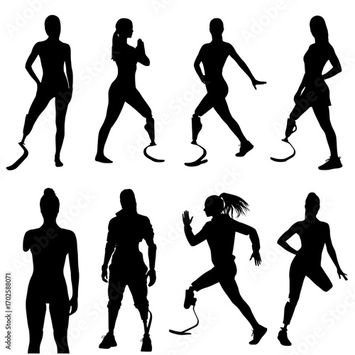 Diverse athletes with prosthetics showcasing strength, determination, and active lifestyles in dynamic poses.
