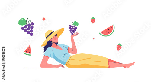 Woman Relaxing Outdoors With Fruits and Sunlight, Enjoying the Summer Season