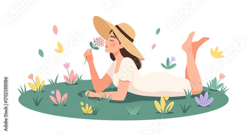 Woman Relaxing On The Grass Amidst Flowers and Emjoying Nature Sunshine