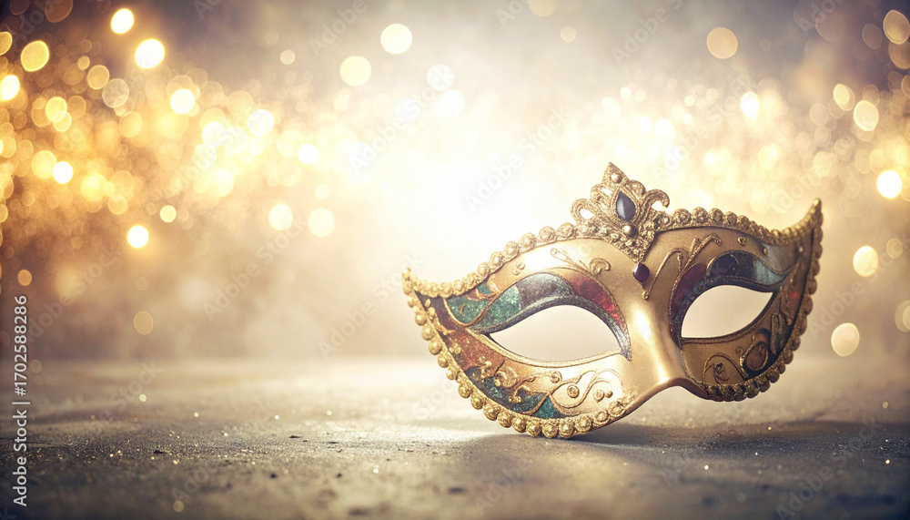 Naklejka premium Purim Mask Silhouette Against Golden Bokeh Lights. Purim Jewish Festival. Generated Image