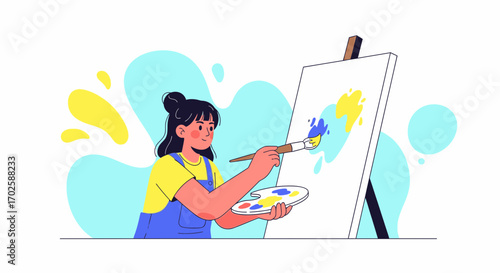 Young Woman Painting on Canvas with Brush in Fun Cartoon Illustration Style