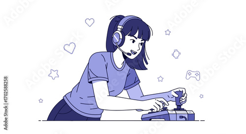 Young woman playing video games with headphones and a joystick in a minimalist illustration