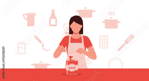 Young Woman Preparing Soup With Kitchen Tools In A Modern Colorful Illustration