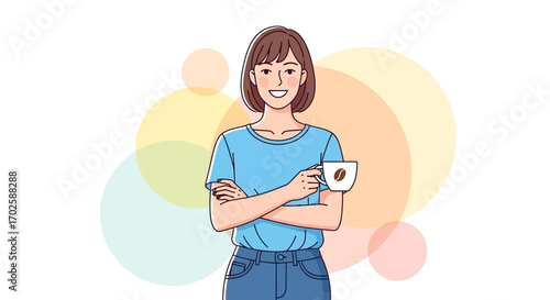 Young Woman Posing With Coffee Cup, Vector Illustration With Colorful Background
