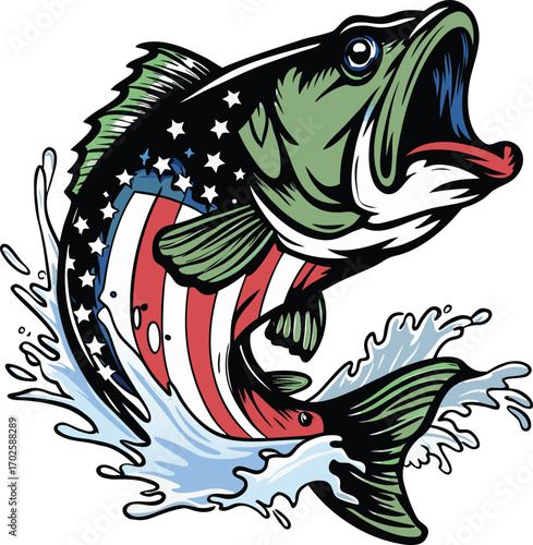 Jumping Bass Fish with American Flag Design in Water Splash