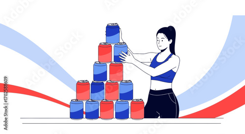 Young Woman Stacking Beverage Cans Like A Pyramid With Modern Simplified Aesthetic