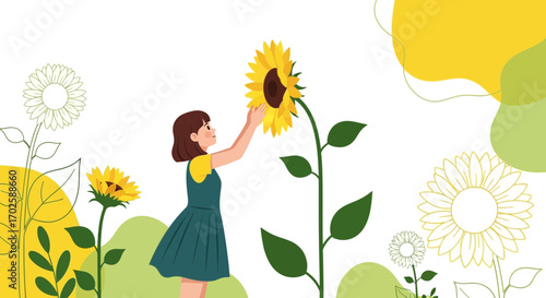Young Woman Tenderly Touching A Vibrant Sunflower Amongst Fields Of Greenery