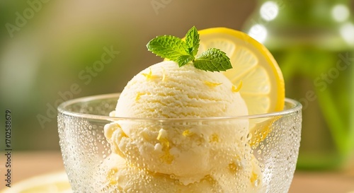 Refreshing Lemon Ice Cream in Glass Bowl.