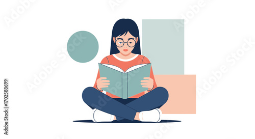 Young Woman With Glasses Reading A Book In Simple And Modern Flat Design Illustration