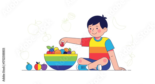 Youngster Chooses Fresh Fruit From a Colorful Bowl Indicating a Healthy Lifestyle Choice
