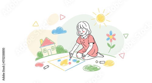 Youngster Creatively Draws Colorful Artwork Outdoors Depicting House, Sun, Flowers and more scenes.