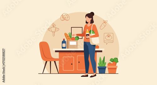 Woman Returns From Grocery Shopping With Food, Healthy-Eating, And Organic Products