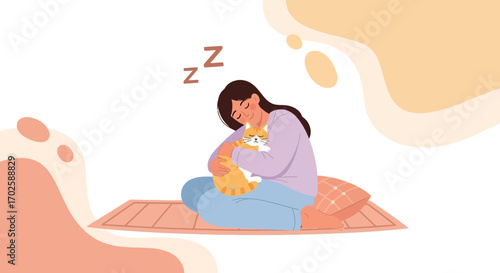 Woman Resting Peacefully While Snuggling a Pet Cat in a Dreamy, Blissful Embrace