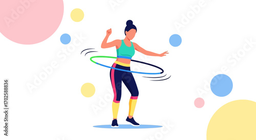 Woman Rotating A Hula Hoop With Energetic Movement And Colorful Bubbles Illustration