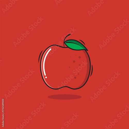 Vector Red Apple Icon Whole Red Apple Cartoon Style Isolated On Red Background Vector Illustration