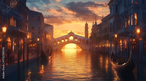 Romantic venice sunset with gondolas on grand canal view picture