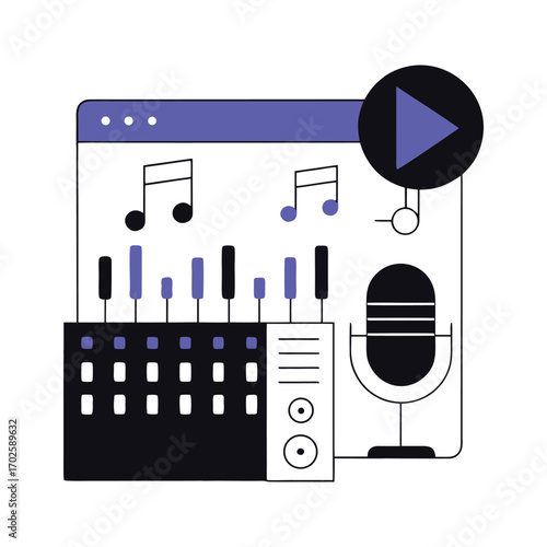 Vector art of music production concept with equalizer, keyboard, microphone and play button