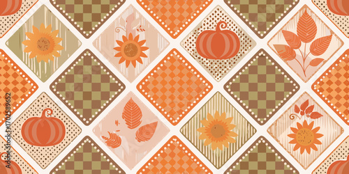 Autumn quilt pattern with pumpkins sunflowers and leaves in warm earthy tones